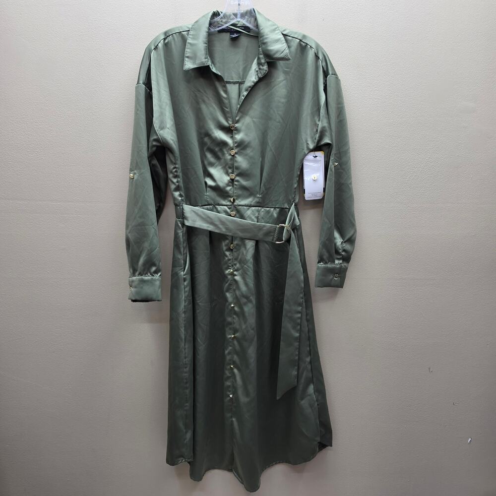 French Connection Satin Shirt Dress Size Medium Utility Safari Chic Sage Green